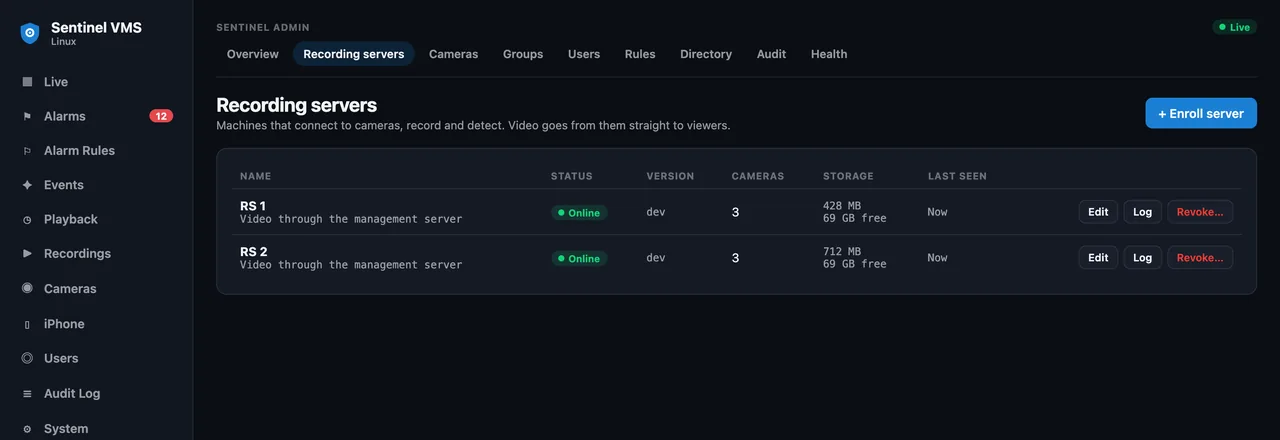 Sentinel Admin, Recording servers page: a table of two servers, both online, with camera counts, storage and last-seen time, and an Enroll server button