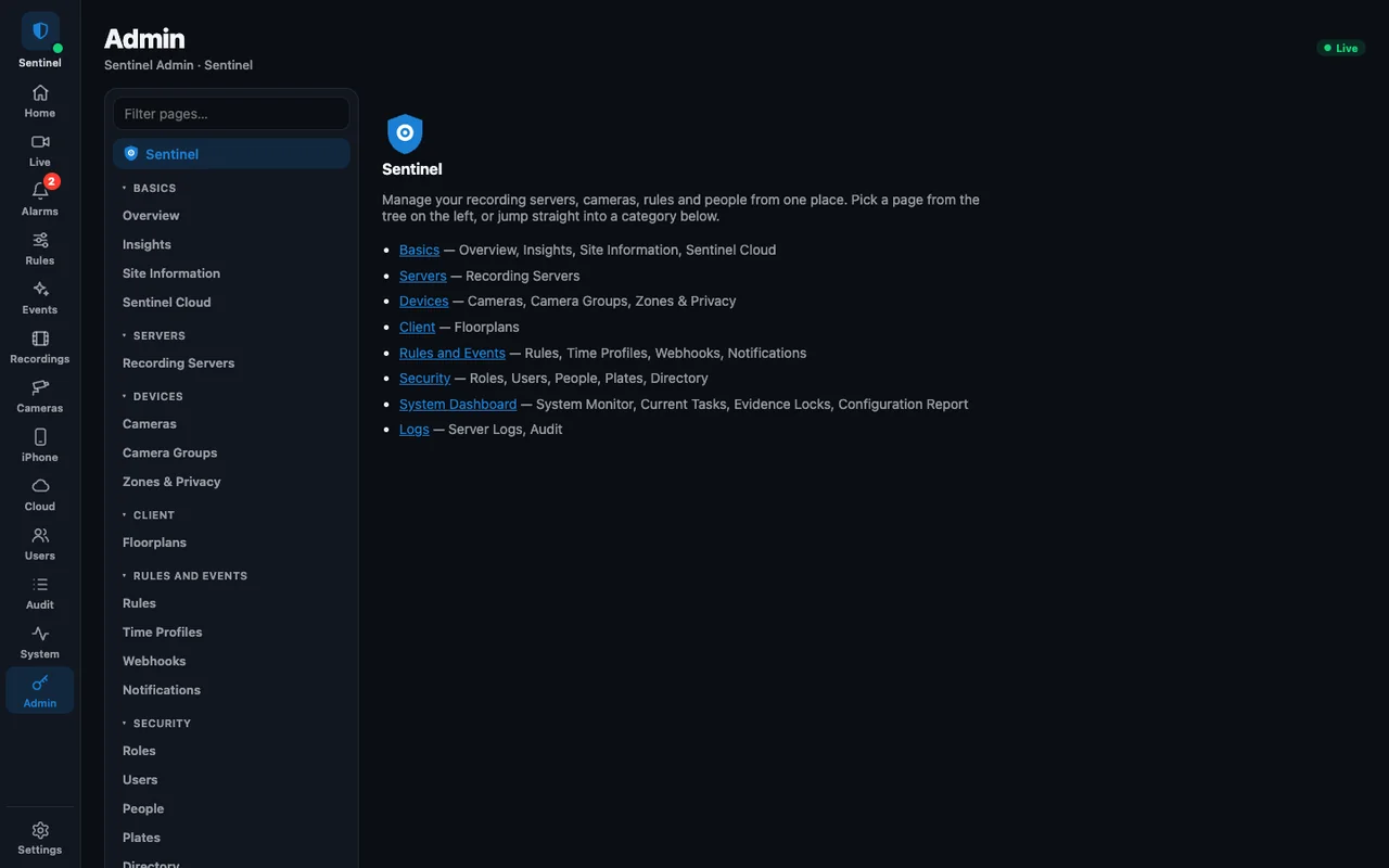 Sentinel Admin showing the site tree with recording servers and cameras