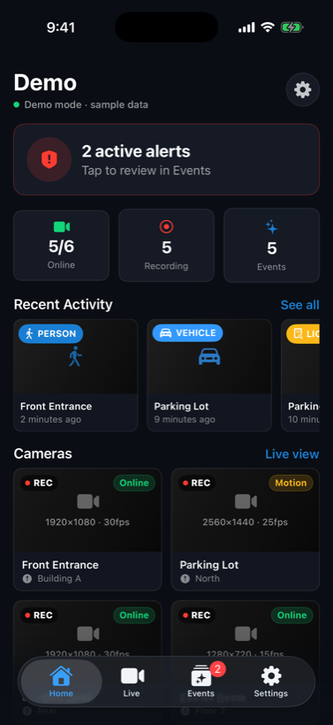 Sentinel on iPhone showing the home dashboard with live alerts and recent activity