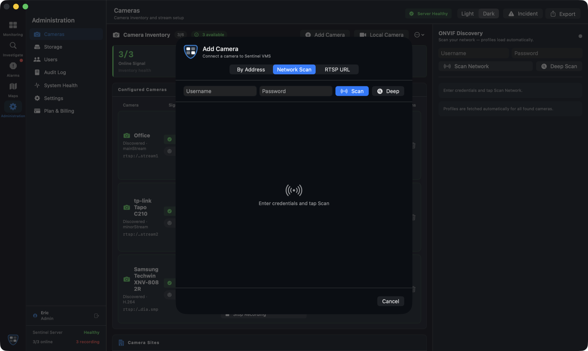 Sentinel Add Camera dialog with ONVIF network scan and automatic profile discovery