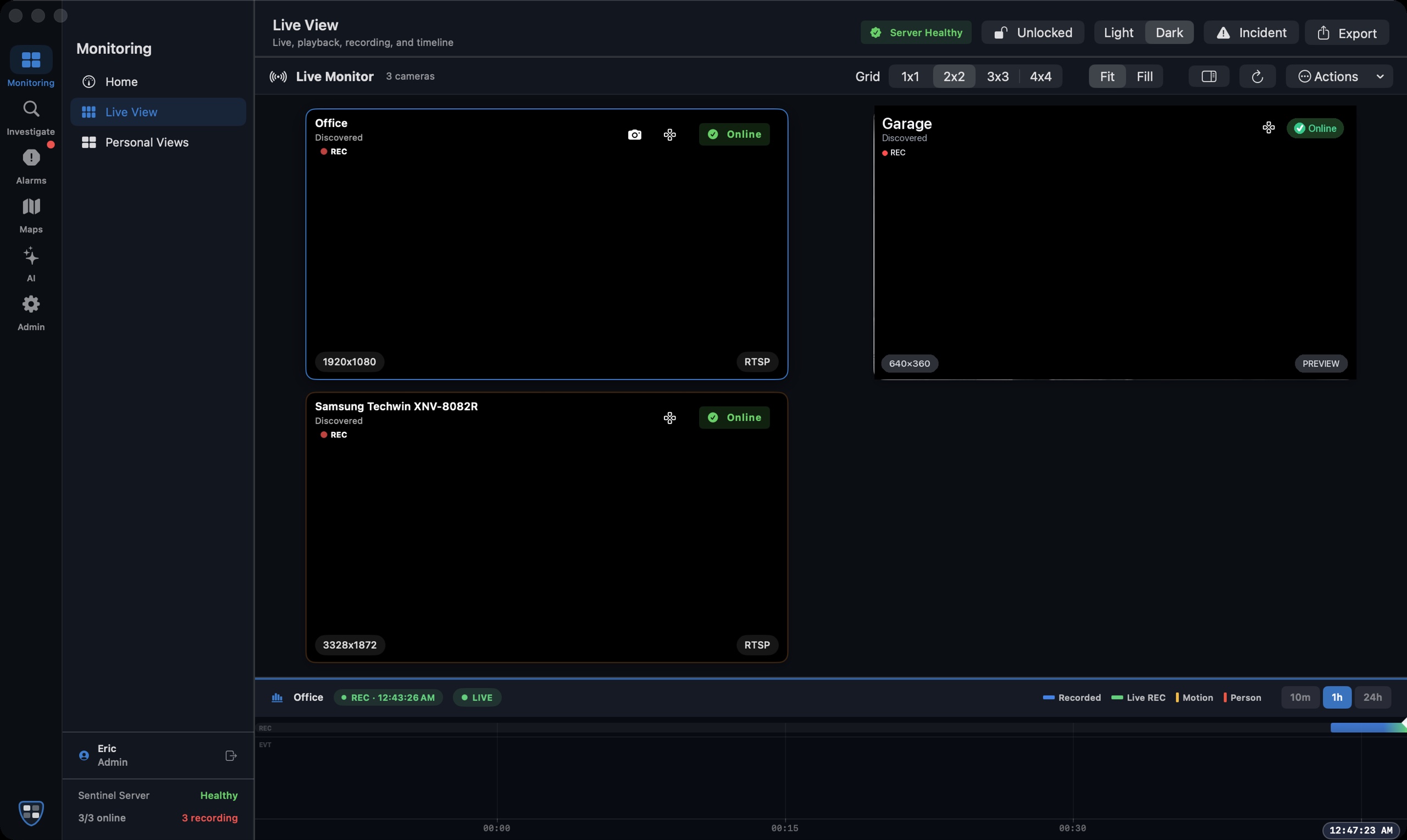 Sentinel live camera grid on macOS