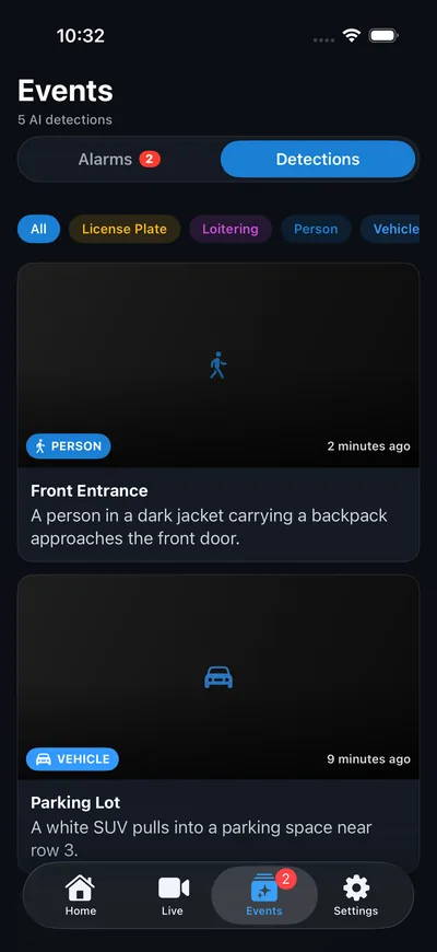 Sentinel Mobile Events tab in demo mode: person and vehicle detections with a one-line description of each