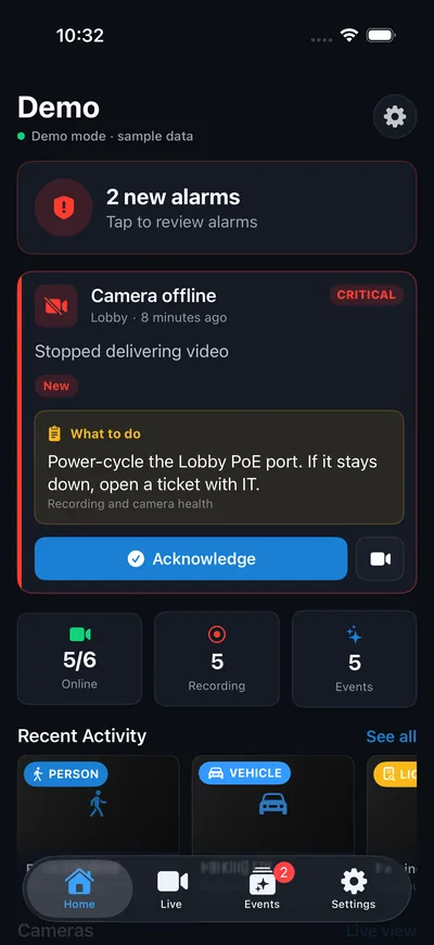 Sentinel Mobile home screen in demo mode: two new alarms, a critical camera-offline alarm with a What to do instruction and an Acknowledge button, and online, recording and event counts