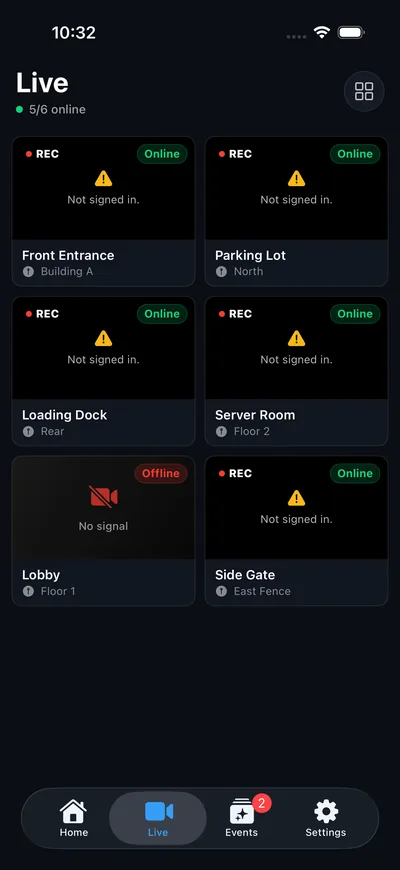 Sentinel Mobile Live tab in demo mode: a grid of six camera tiles with recording and online or offline status