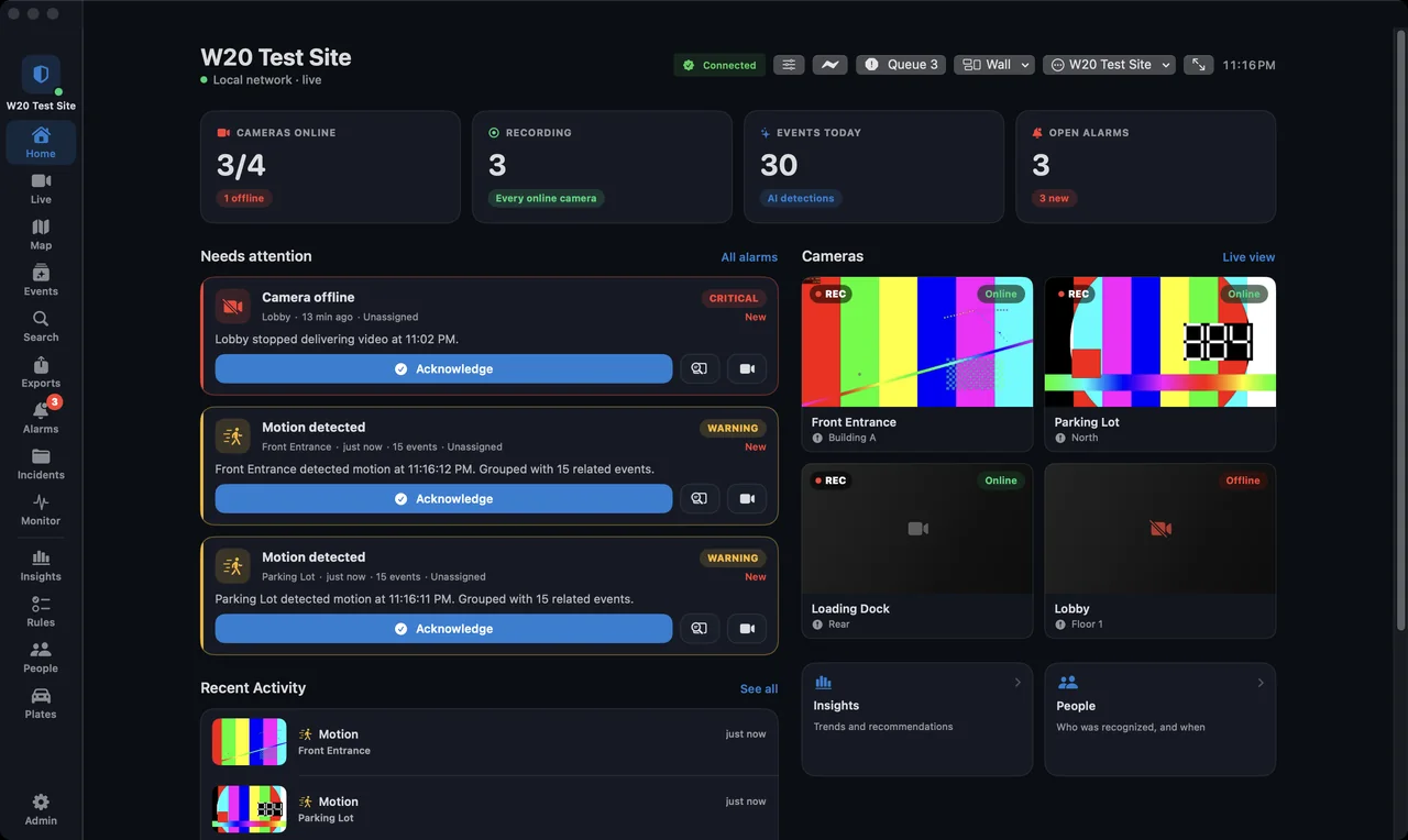 Sentinel Operator live wall showing several cameras