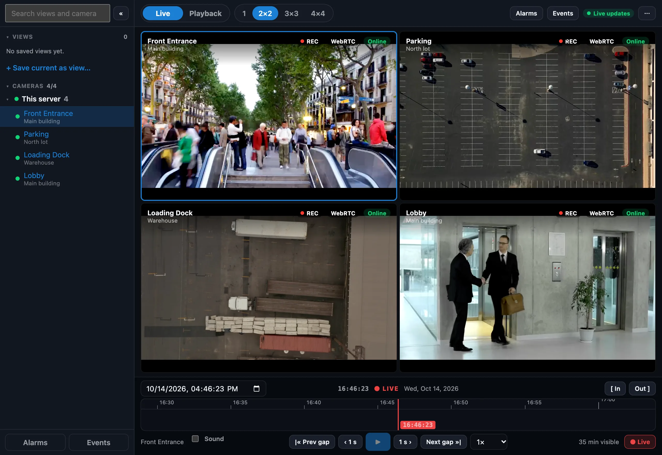 Sentinel Operator workspace in Live mode: a sidebar listing saved views and cameras grouped by recording server, and a 2×2 grid showing Front Entrance, Parking, Loading Dock and Lobby, each marked recording and online