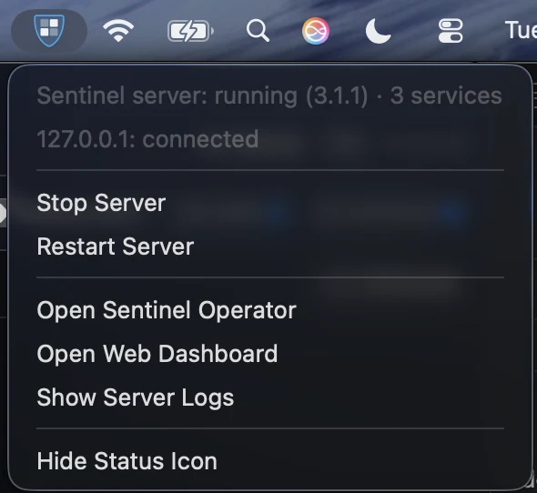 The Sentinel shield in the Mac menu bar with its menu open, showing the server running