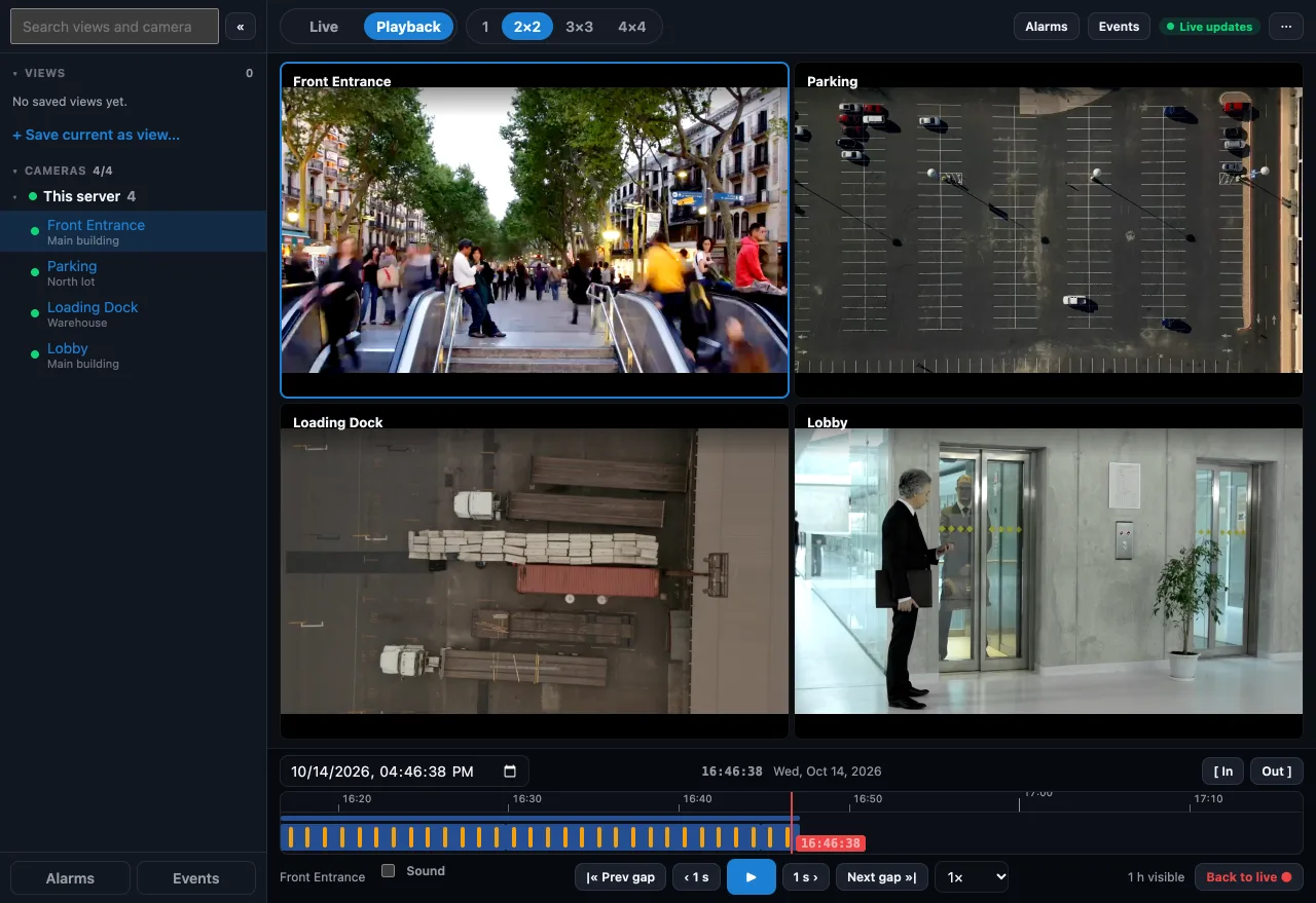 Sentinel Operator in Playback mode: a 2×2 grid of cameras above a timeline with recording bands, a current-time marker, transport controls, speed selector and In and Out export buttons